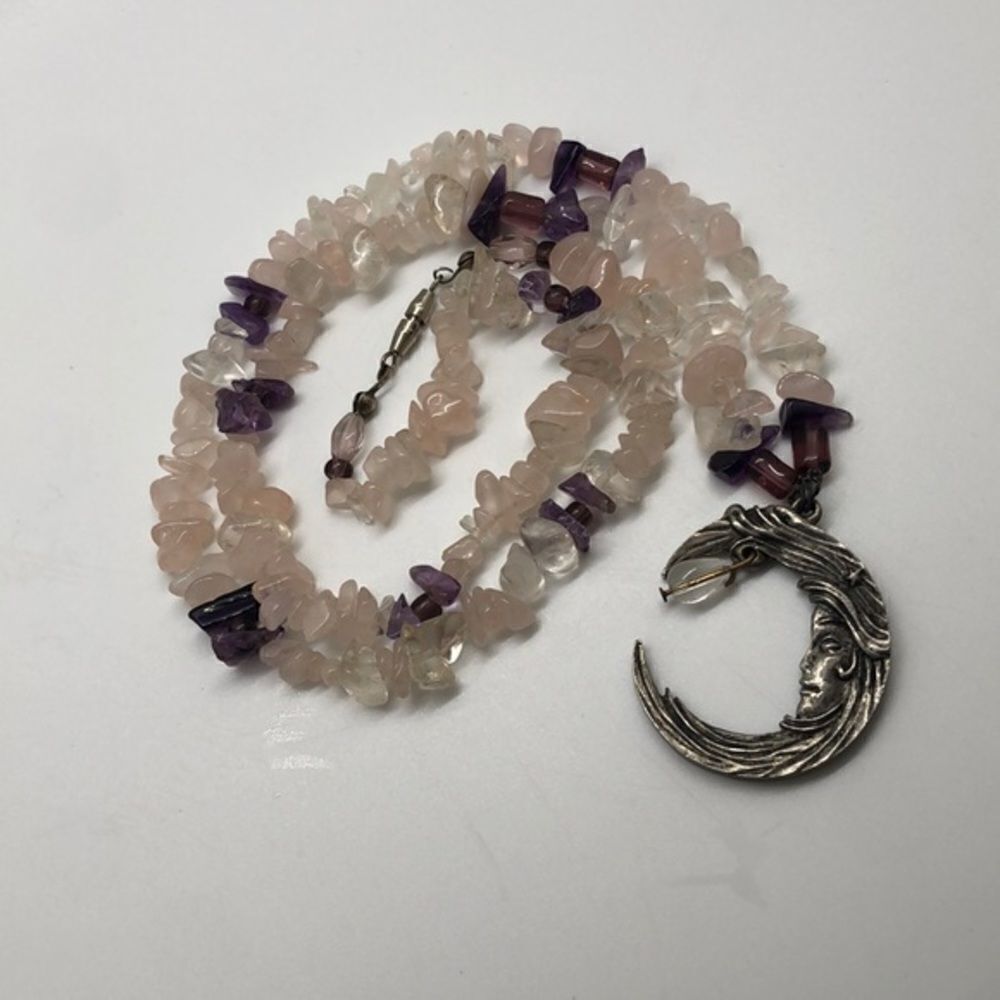 Rose Quartz and Amethyst Silver Moon Beaded Necklace